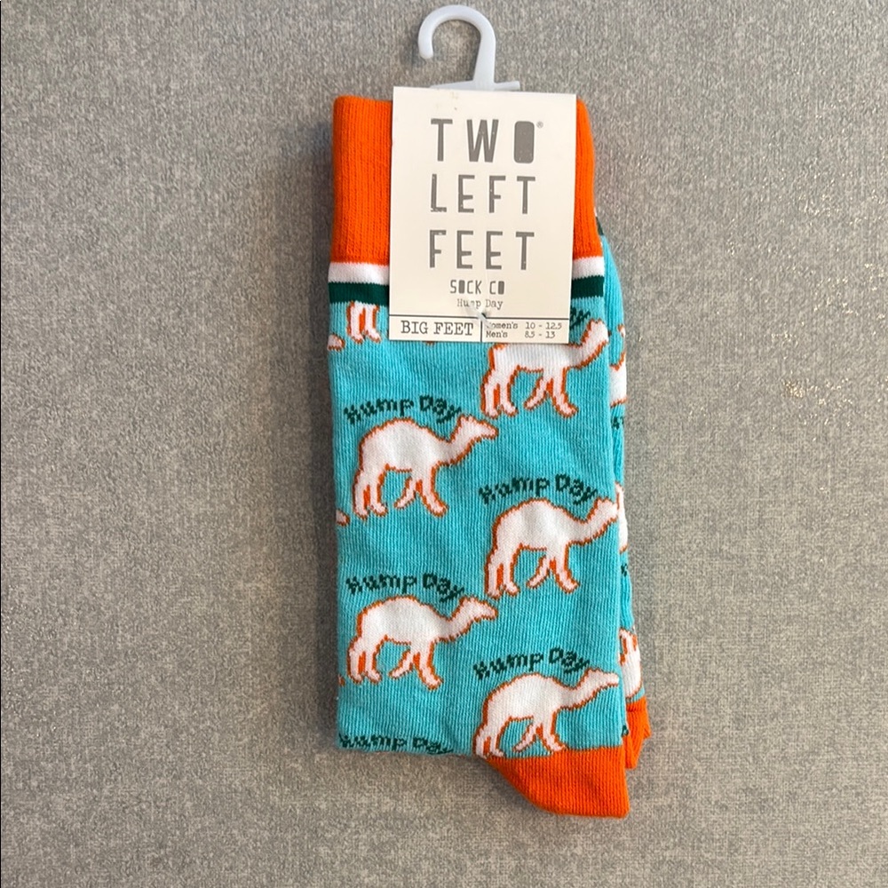 NWT Two Left Feet “Hump Day” socks w/ camels in teal blue, orange, white, green